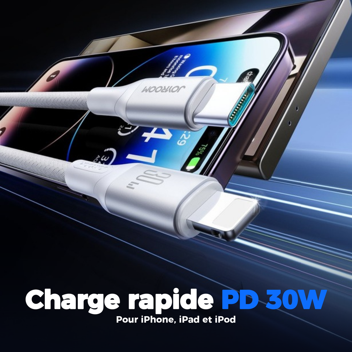 Câble de charge rapide Type-C vers Lightning PD 30W pour iPhone et iPad