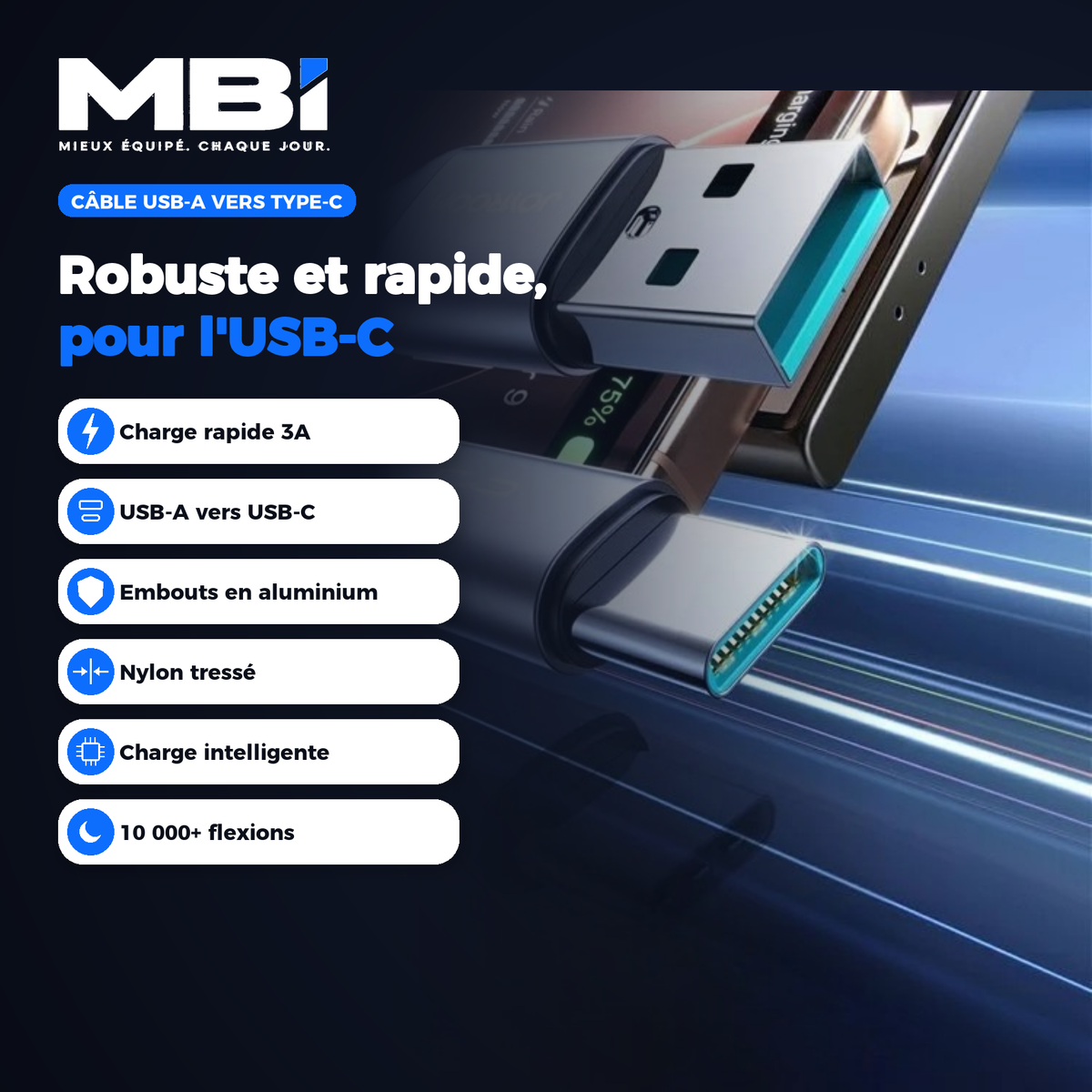 Récapitulatif MBI du câble USB-A vers Type-C 3A