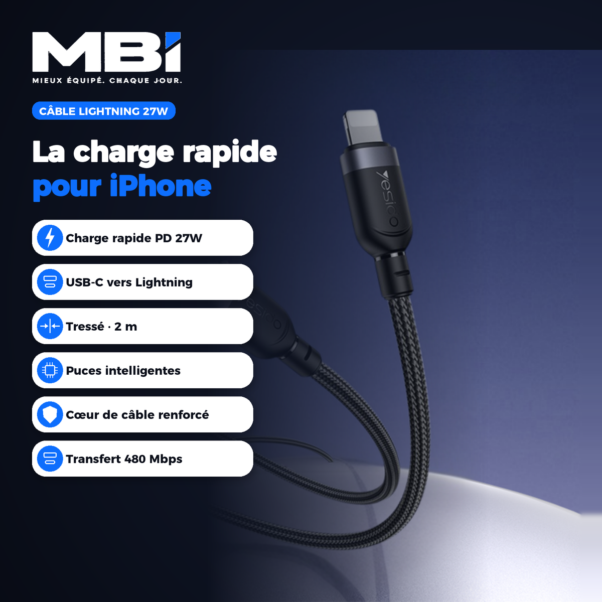 Récapitulatif MBI du câble Type-C vers Lightning 27W : PD 27W, tressé 2 m, puces intelligentes, 480 Mbps