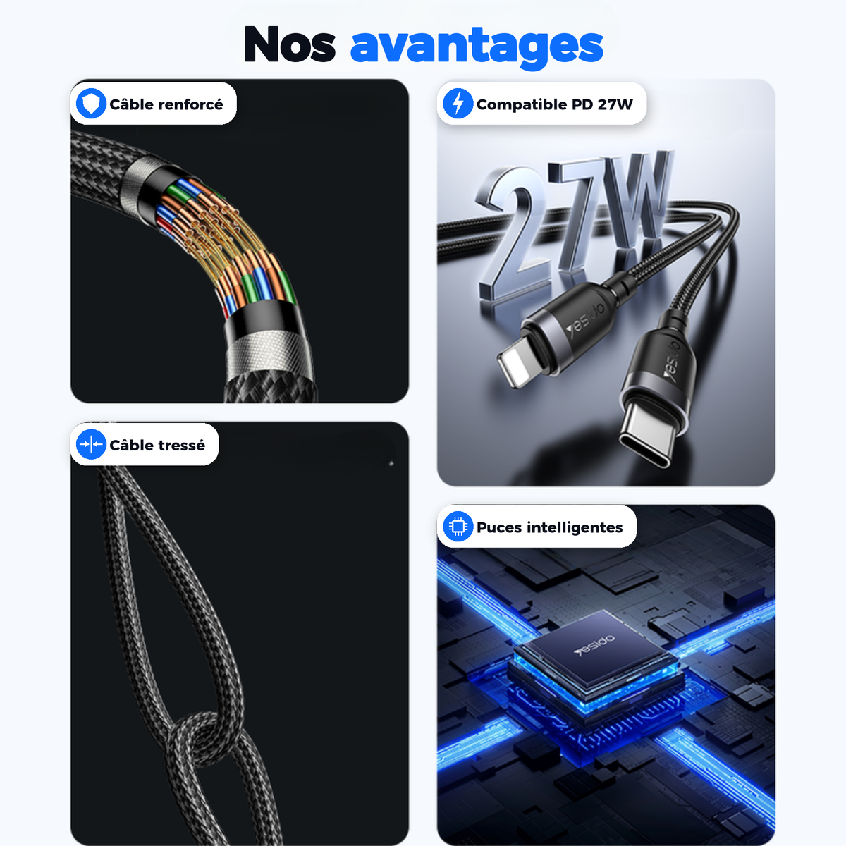 Nos avantages : câble renforcé, compatible PD 27W, câble tressé, puces intelligentes
