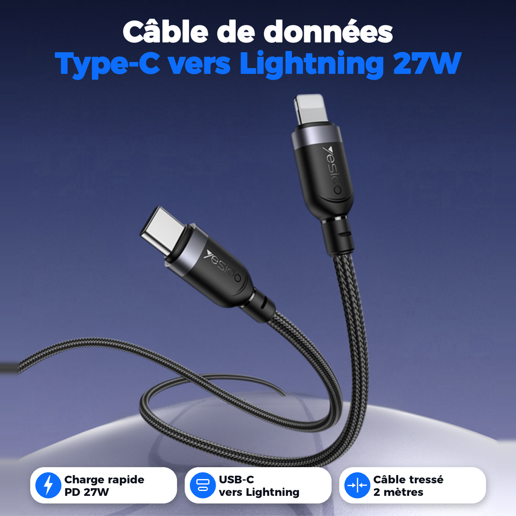 Câble de données tressé Type-C vers Lightning 27W, charge rapide PD pour iPhone, 2 mètres