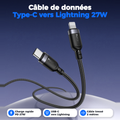 Câble de données tressé Type-C vers Lightning 27W, charge rapide PD pour iPhone, 2 mètres