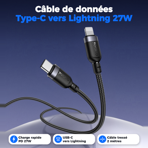Câble de données tressé Type-C vers Lightning 27W, charge rapide PD pour iPhone, 2 mètres