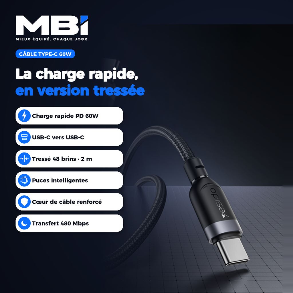 Récapitulatif MBI du câble tressé Type-C 60W : PD 60W, USB-C vers USB-C, 48 brins, 2 m, puces intelligentes, 480 Mbps