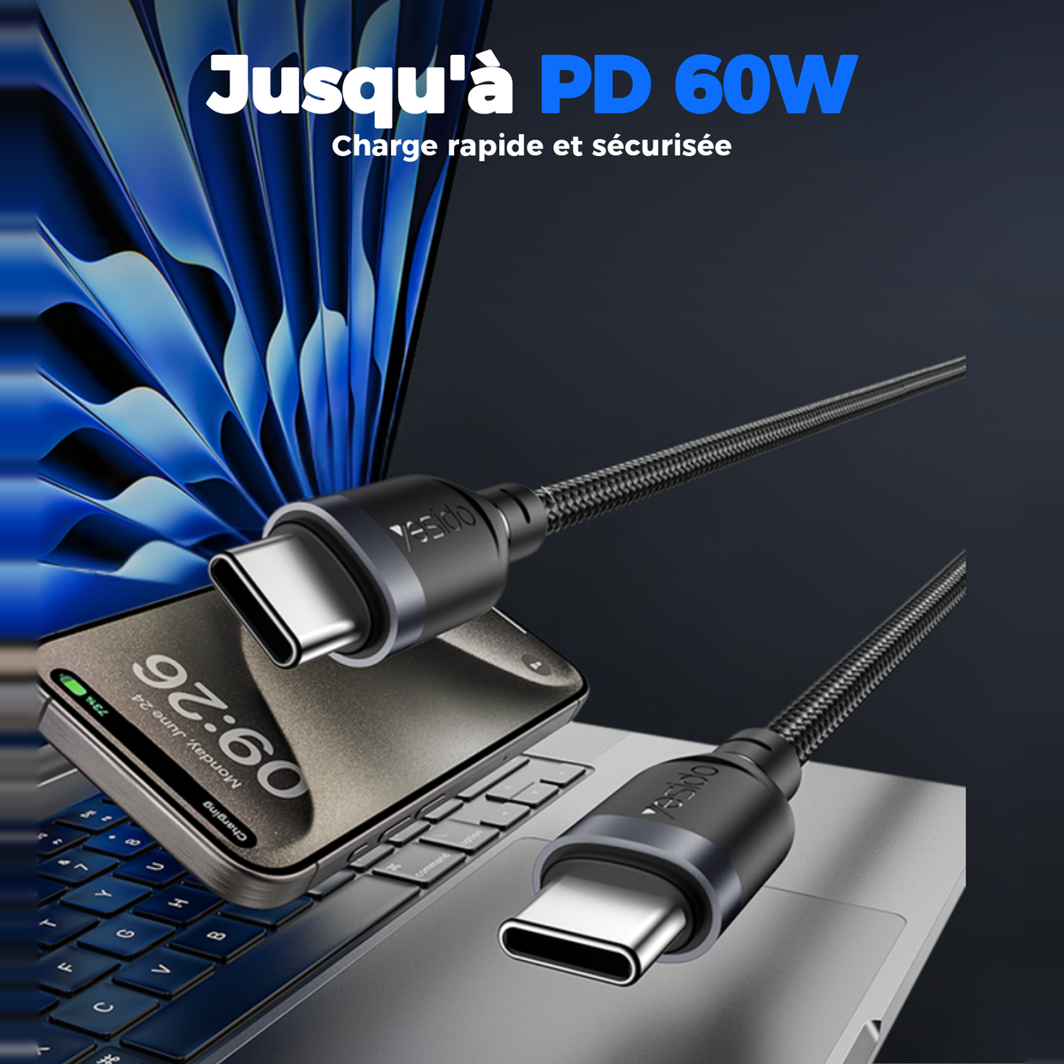 Jusqu'à PD 60W, charge rapide et sécurisée