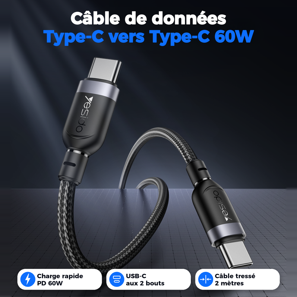 Câble de données tressé Type-C vers Type-C 60W, charge rapide PD, 2 mètres