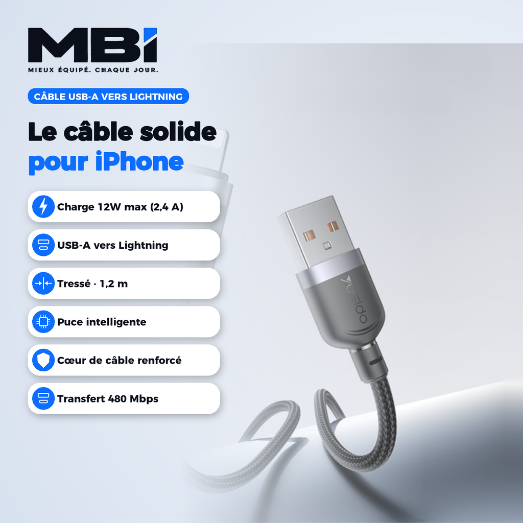 Récapitulatif MBI du câble USB-A vers Lightning : 12W max, tressé 1,2 m, puce intelligente, 480 Mbps