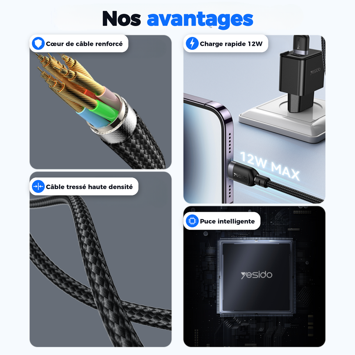 Nos avantages : cœur de câble renforcé, charge rapide 12W, câble tressé haute densité, puce intelligente
