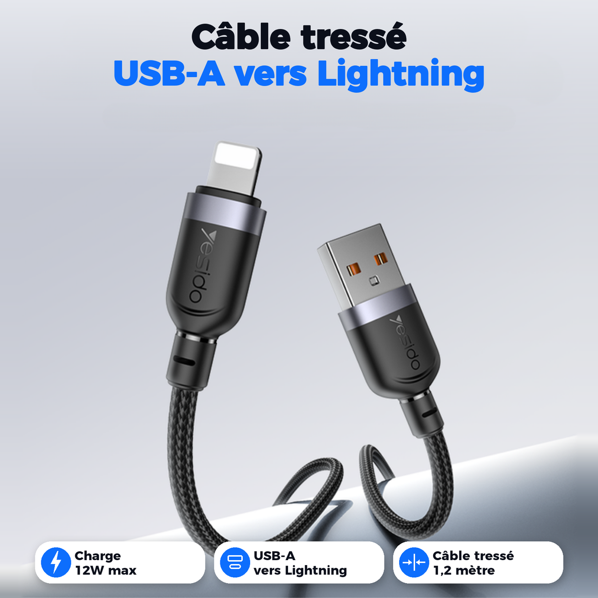 Câble tressé USB-A vers Lightning, charge 12W max, 1,2 mètre