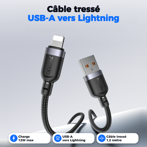 Câble tressé USB-A vers Lightning, charge 12W max, 1,2 mètre