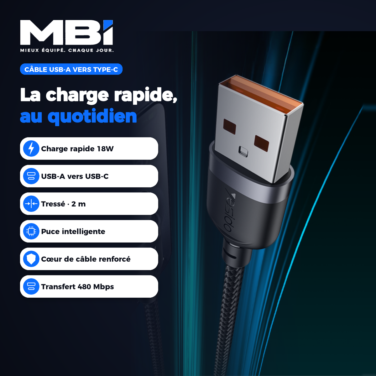 Récapitulatif MBI du câble USB-A vers Type-C 18W : charge rapide 18W, tressé 2 m, puce intelligente, 480 Mbps