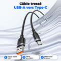 Câble tressé USB-A vers Type-C, charge rapide 18W, 2 mètres