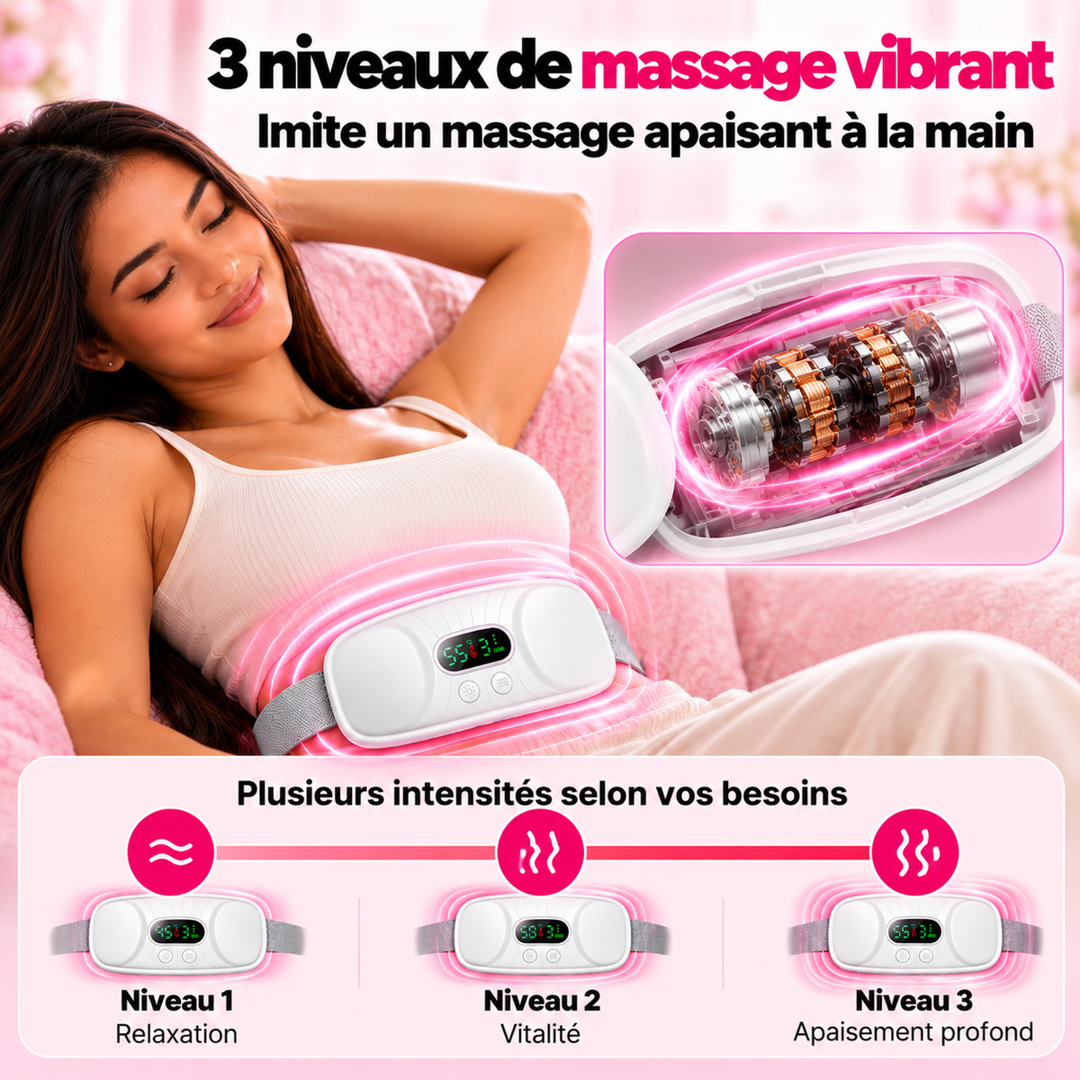Ceinture massante avec 3 niveaux de massage vibrant : relaxation, vitalité et apaisement profond