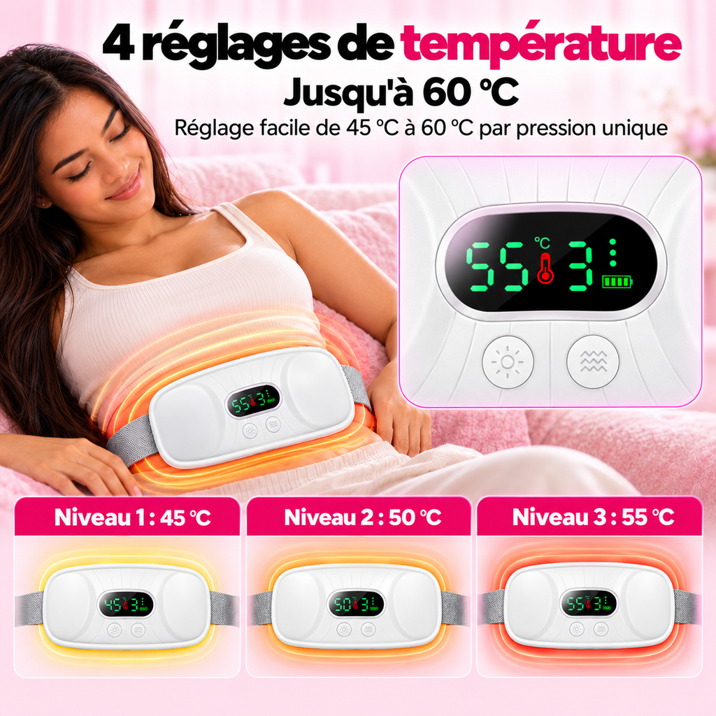 Ceinture chauffante avec 4 réglages de température de 45 °C à 60 °C par simple pression