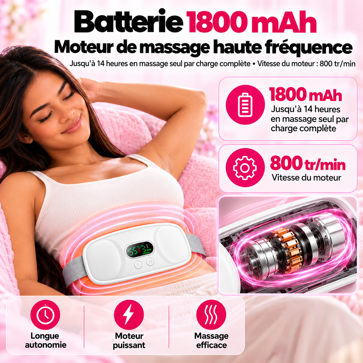 Batterie 1800 mAh de la ceinture chauffante : jusqu'à 14 heures en massage seul, moteur à 800 tr/min