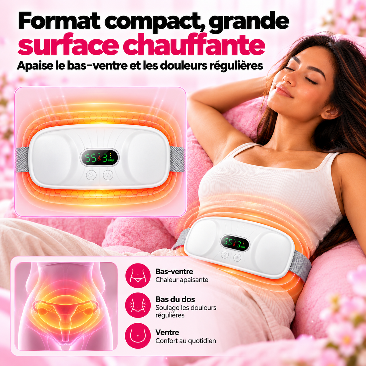 Femme détendue portant la ceinture chauffante : format compact et grande surface chauffante pour apaiser le bas-ventre