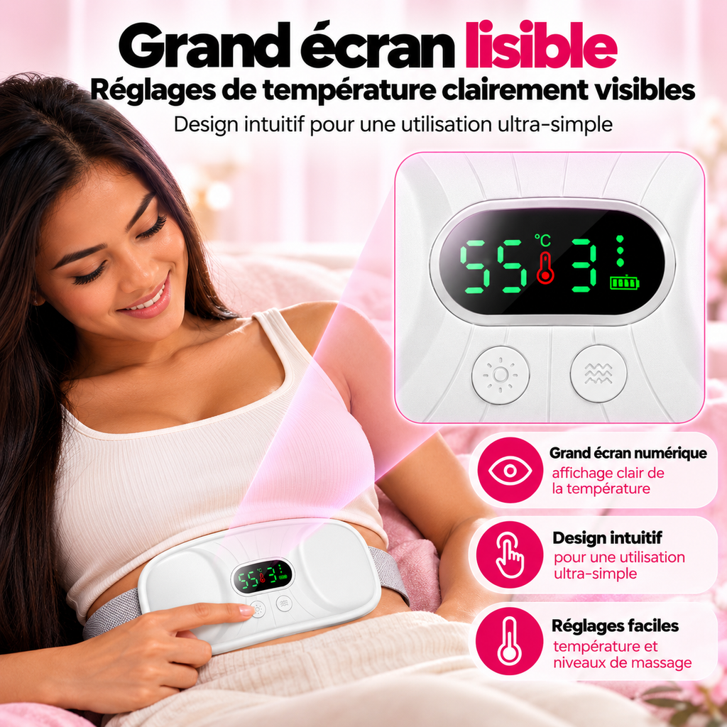 Femme réglant la ceinture chauffante sur son ventre : grand écran lisible de la température et des niveaux de massage