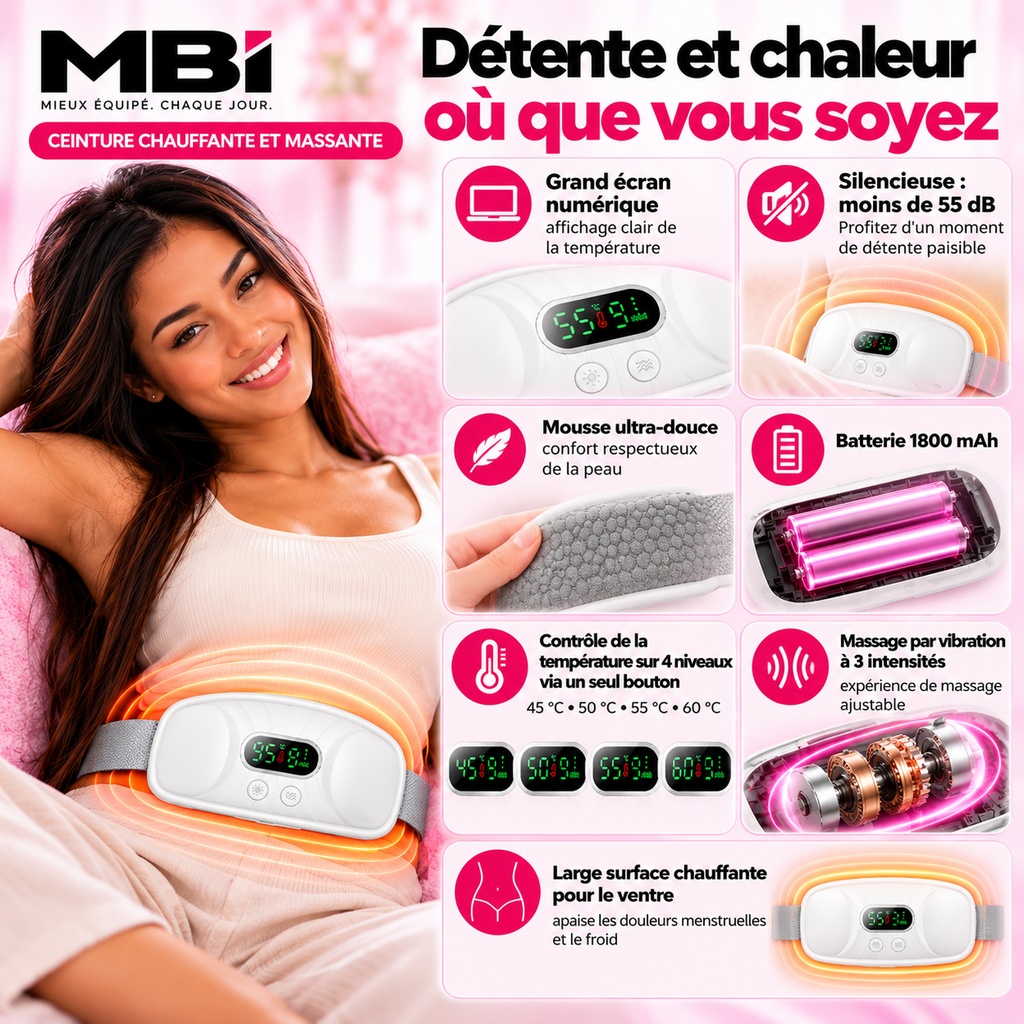 Ceinture chauffante et massante MBI – Détente et chaleur où que vous soyez : écran, silencieuse, batterie 1800 mAh