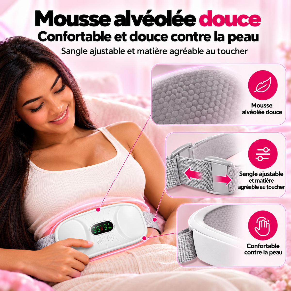 Mousse alvéolée douce et sangle ajustable de la ceinture chauffante, confortable contre la peau