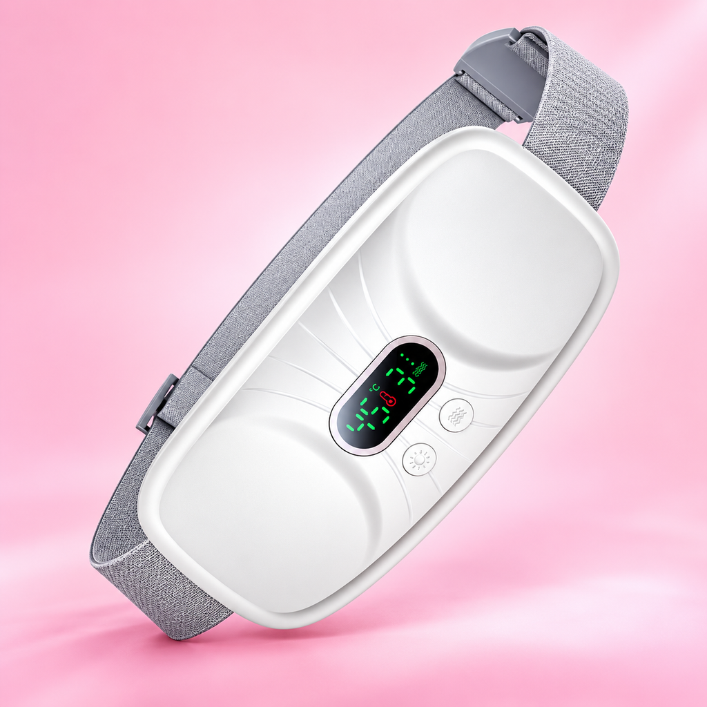 Ceinture chauffante et massante blanche avec sangle grise, sur fond rose