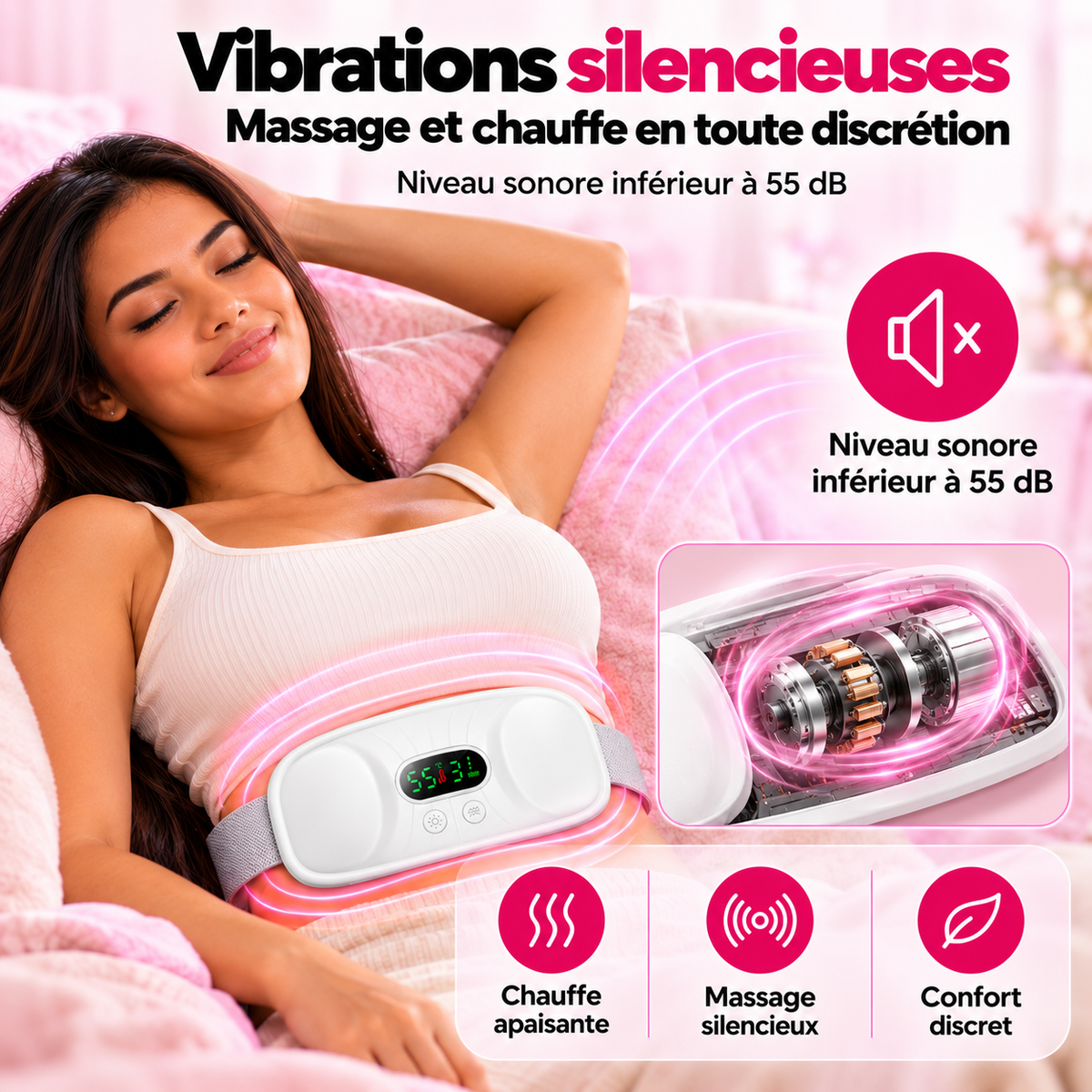Femme détendue portant la ceinture chauffante et massante : vibrations silencieuses, moins de 55 dB