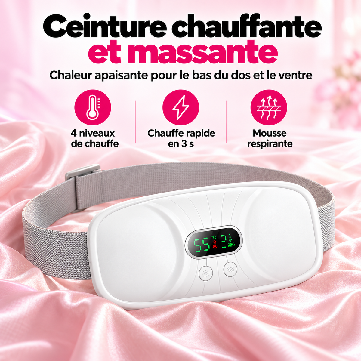 Ceinture chauffante et massante blanche posée sur un tissu rose : 4 niveaux de chauffe, chauffe rapide en 3 s, mousse respirante