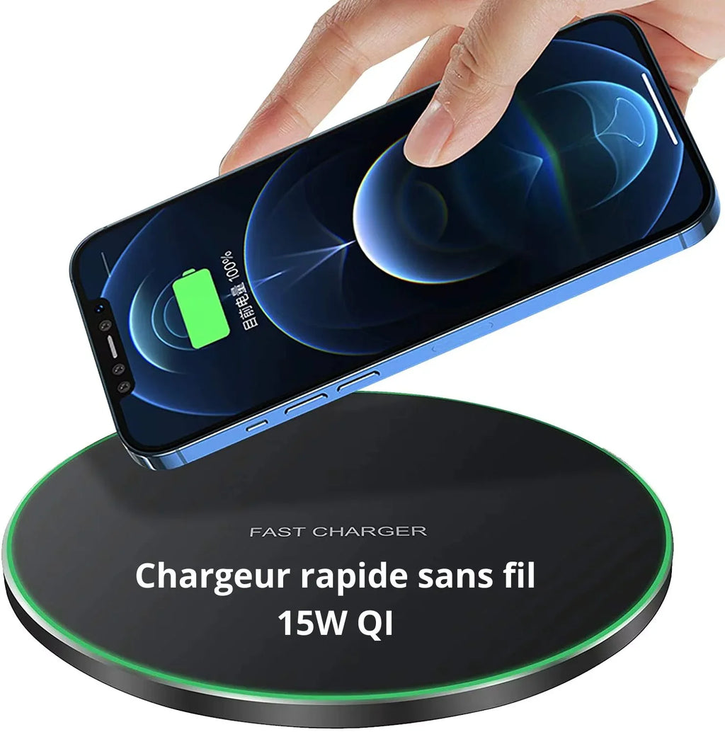Chargeur sans fil 15W QI pour smartphone, technologie rapide, design plat et moderne