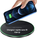 Chargeur sans fil 15W QI pour smartphone, technologie rapide, design plat et moderne