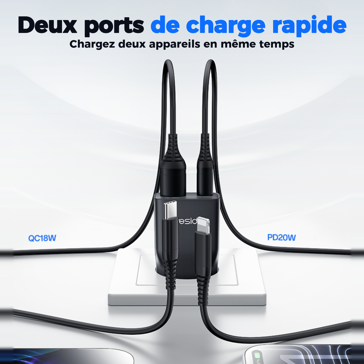Deux ports de charge rapide : USB-A QC 18W et USB-C PD 20W, deux appareils en même temps