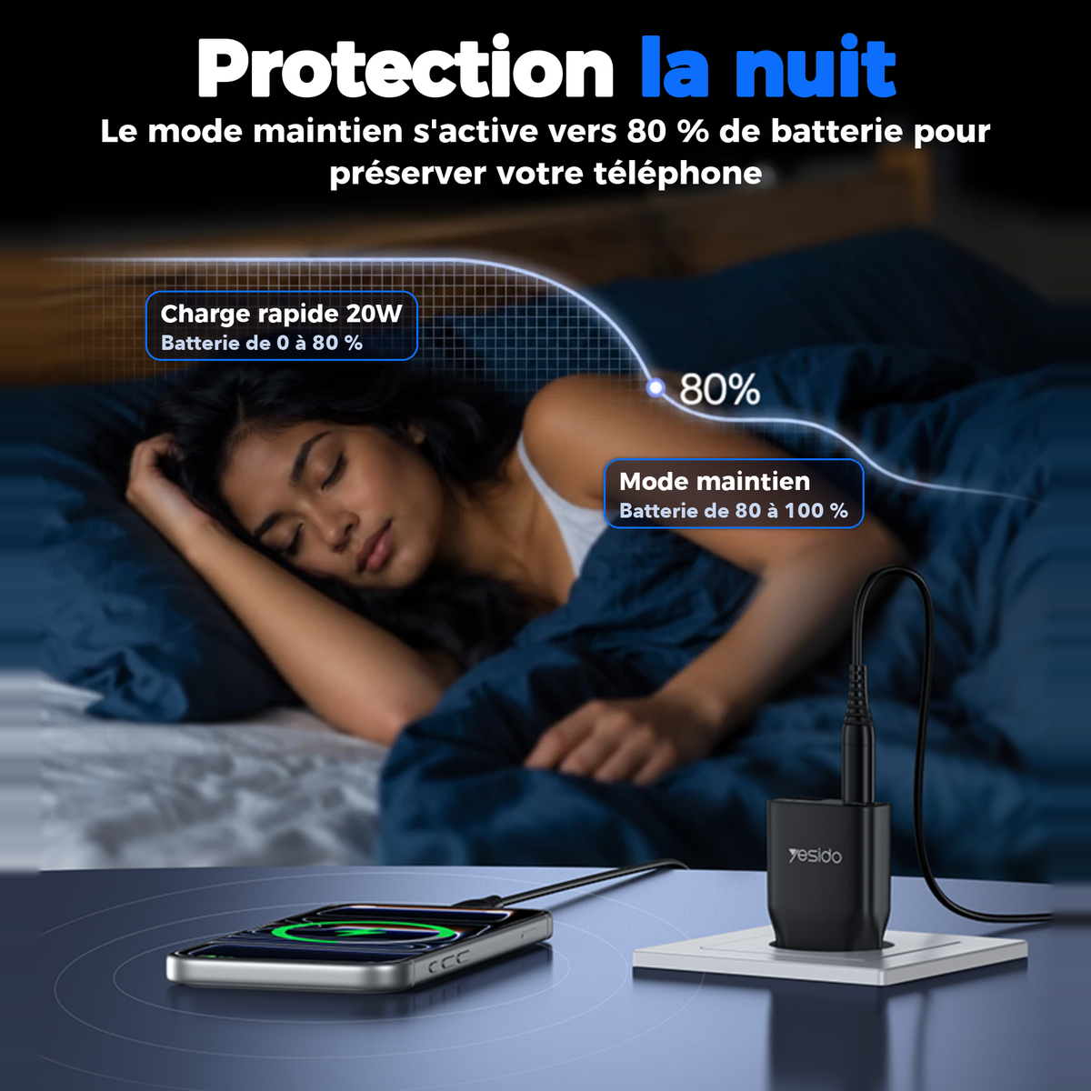 Protection la nuit : charge rapide jusqu'à 80 % puis mode maintien pour préserver la batterie