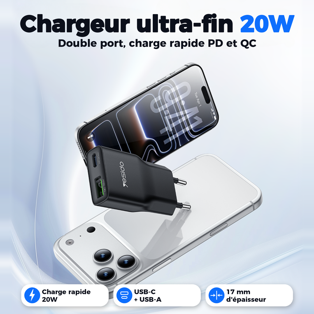 Chargeur mural ultra-fin 20W Black Edition, double port USB-C et USB-A, charge rapide PD et QC