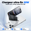 Chargeur mural ultra-fin 20W Black Edition, double port USB-C et USB-A, charge rapide PD et QC