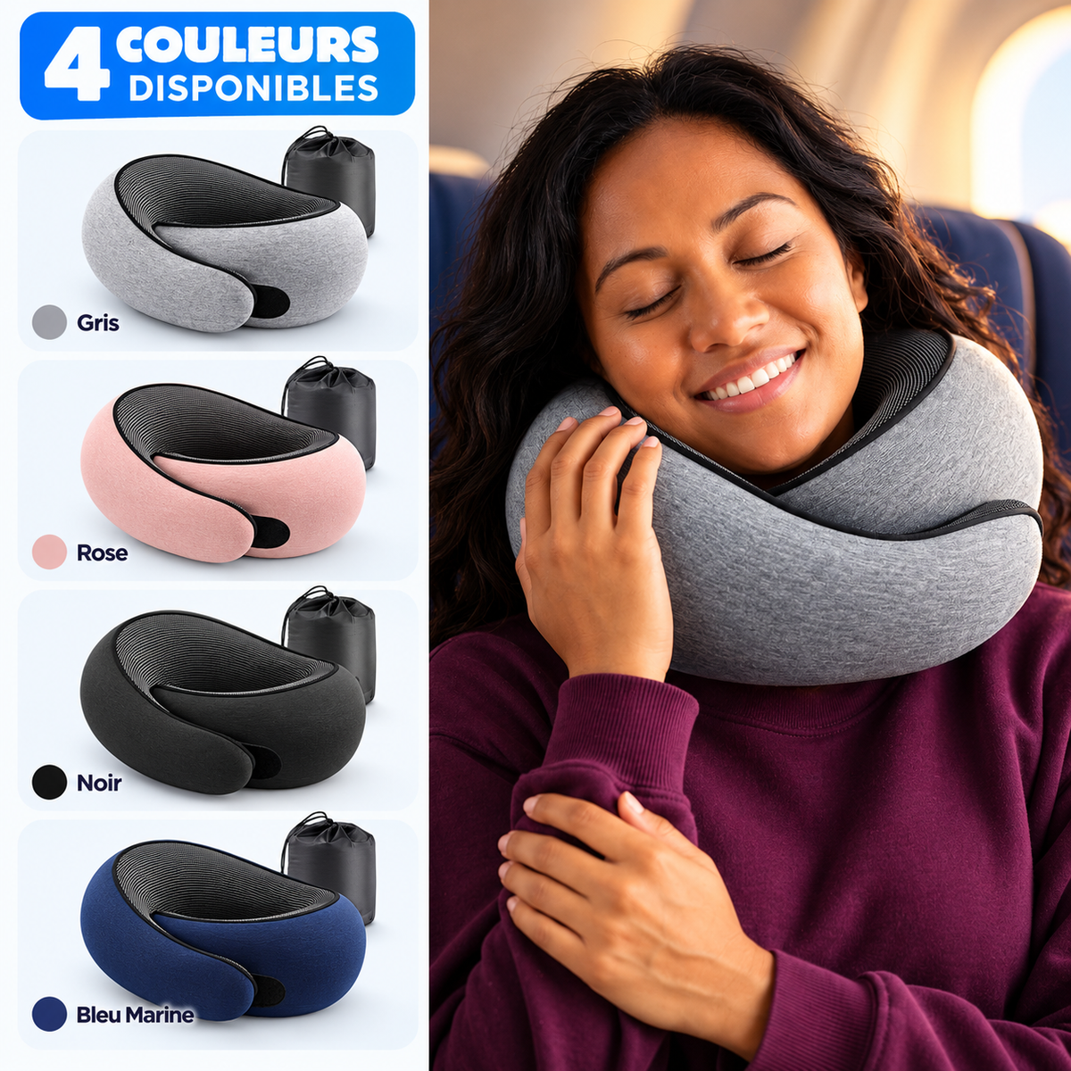 Coussin de voyage ergonomique disponible en 4 coloris : gris, rose, noir et bleu marine
