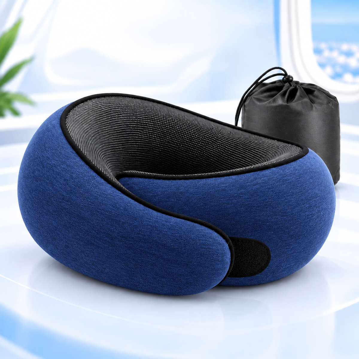 Coussin de voyage ergonomique bleu marine avec son sac de transport