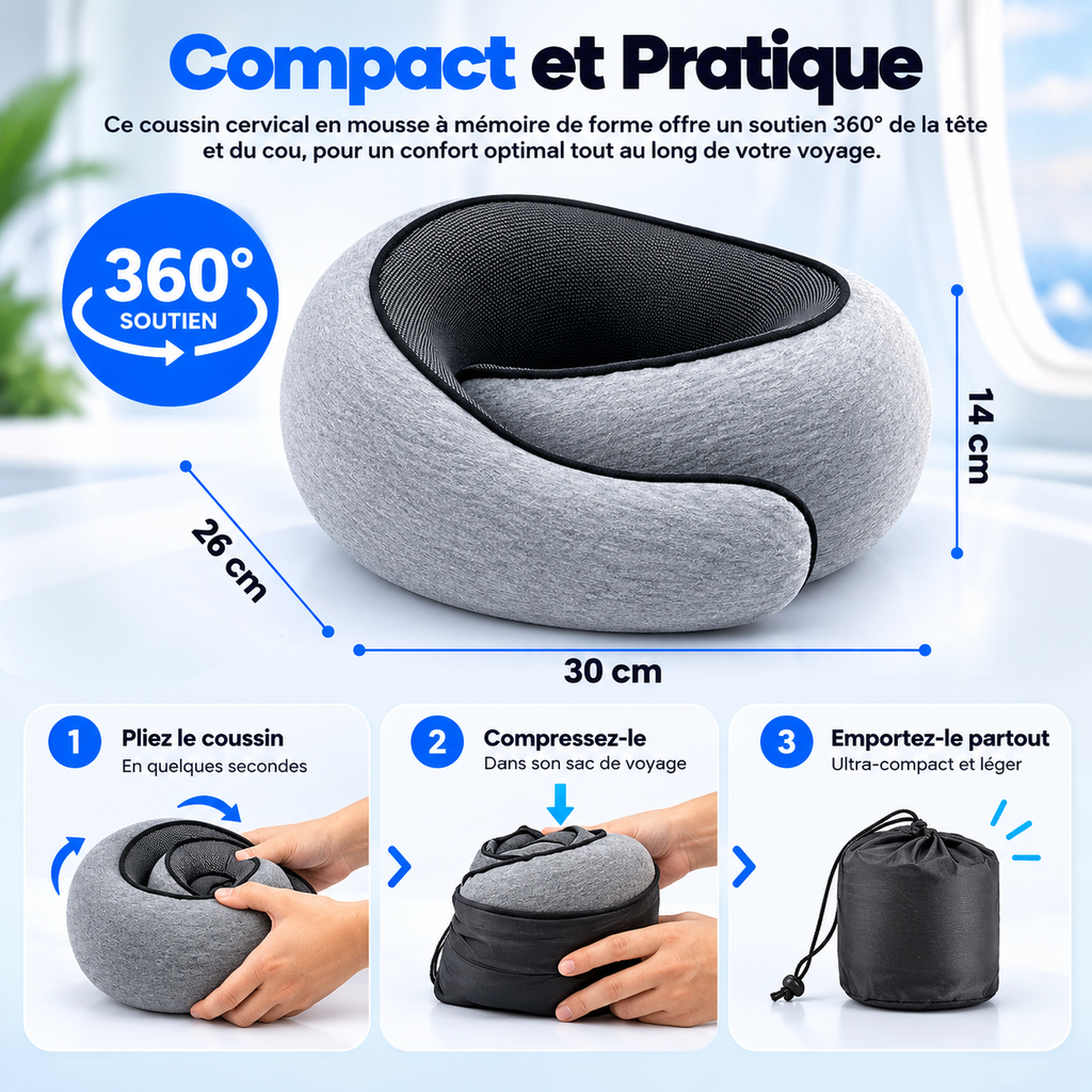 Compact et pratique : le coussin de voyage (30 × 26 × 14 cm) se plie et se range dans son sac de transport