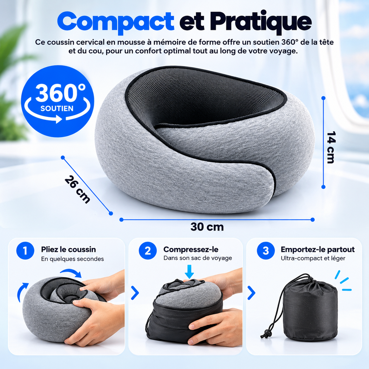 Compact et pratique : le coussin de voyage (30 × 26 × 14 cm) se plie et se range dans son sac de transport