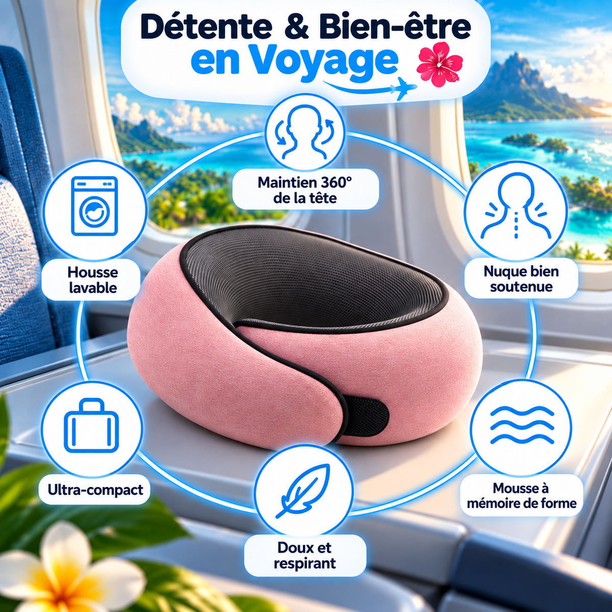 Détente et bien-être en voyage : coussin rose, maintien 360°, mousse à mémoire de forme, housse lavable