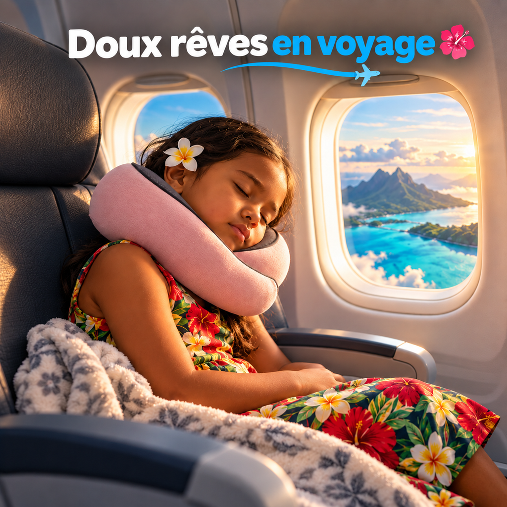 Doux rêves en voyage : enfant qui dort en avion avec le coussin de voyage rose autour du cou