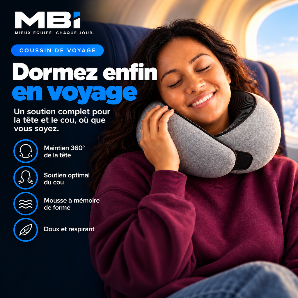 Coussin de voyage ergonomique MBI gris porté par une femme endormie en avion – Dormez enfin en voyage