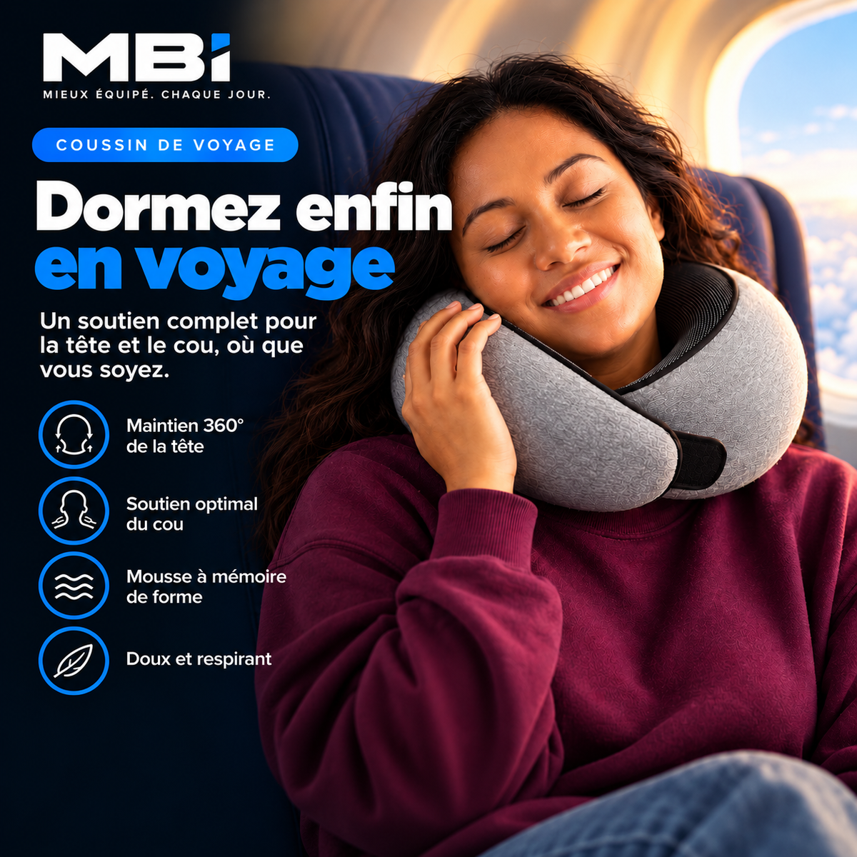 Coussin de voyage ergonomique MBI gris porté par une femme endormie en avion – Dormez enfin en voyage