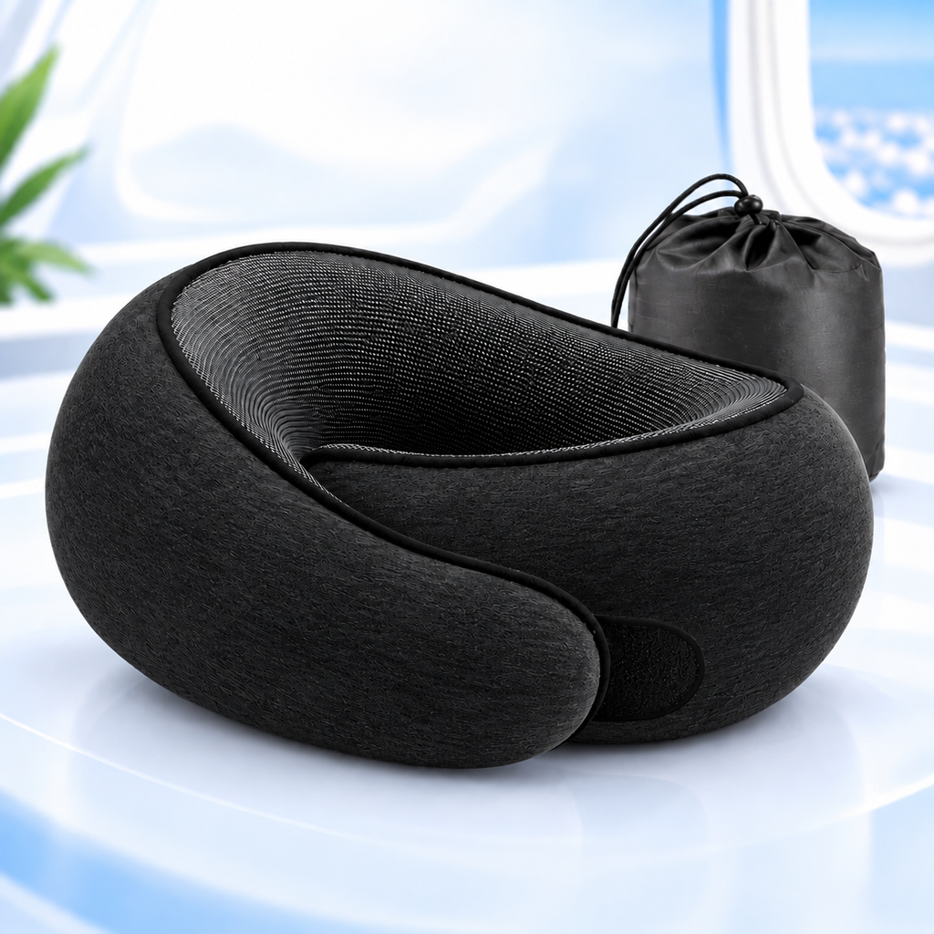 Coussin de voyage ergonomique noir avec son sac de transport