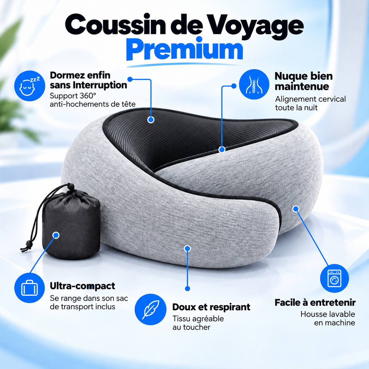 Coussin de voyage premium gris et son sac de transport : support 360°, nuque maintenue, housse lavable en machine
