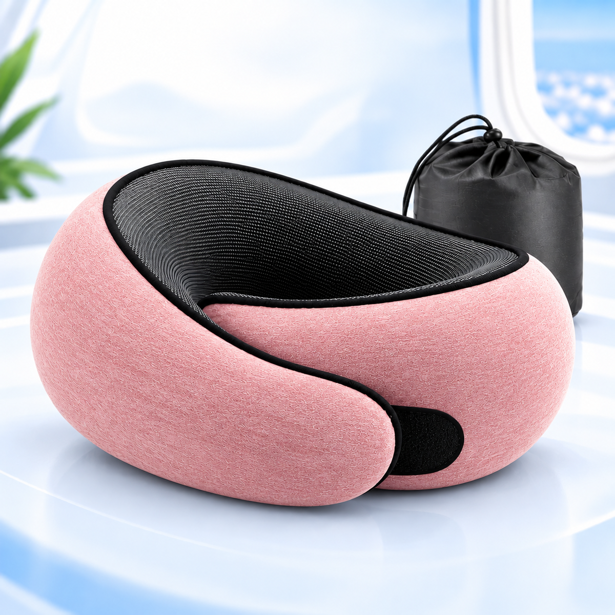 Coussin de voyage ergonomique rose avec son sac de transport