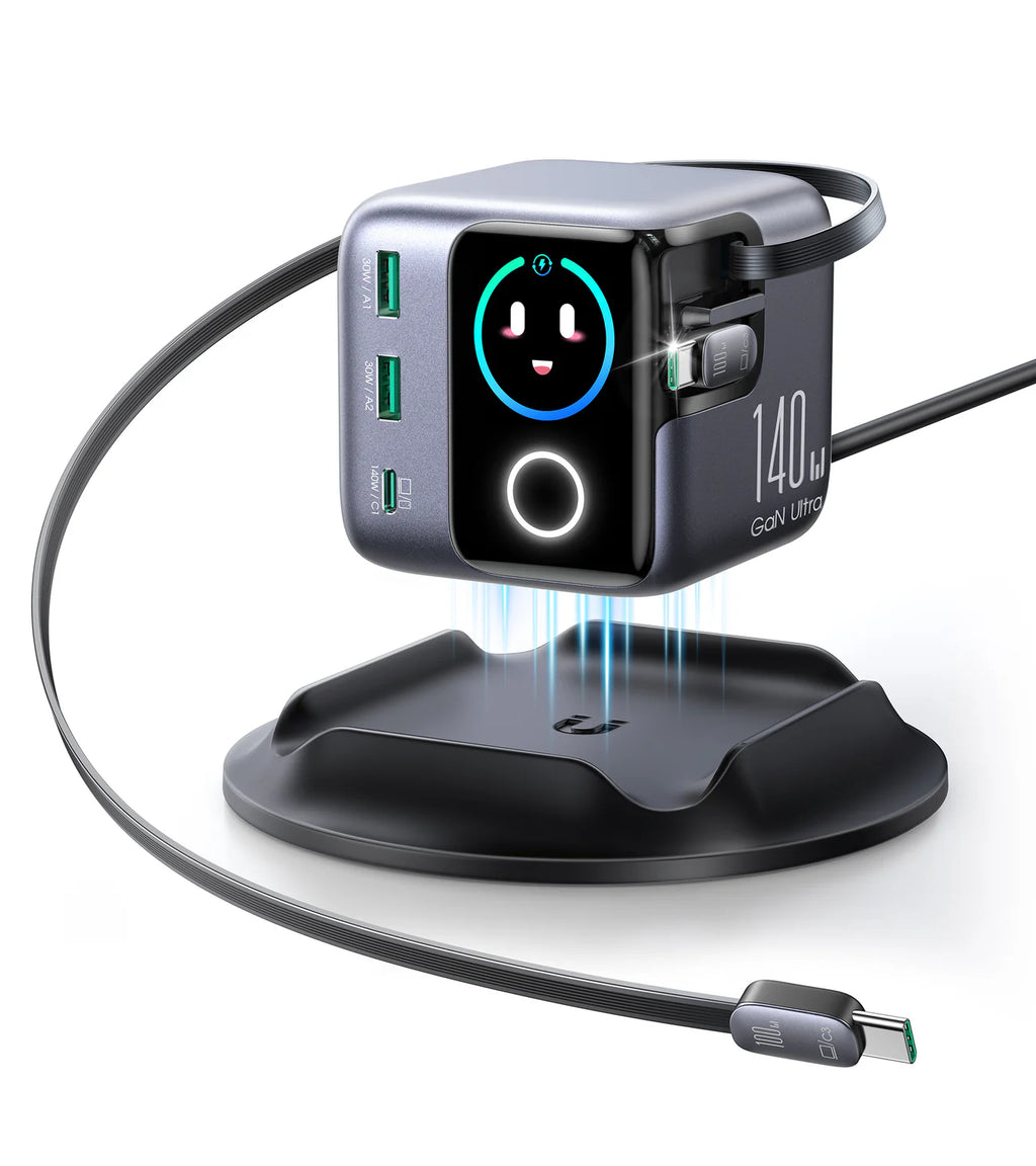 Chargeur GaN JOYROOM PODIX 140W - Station de Charge 5 Ports avec Câbles Rétractables et Écran LCD