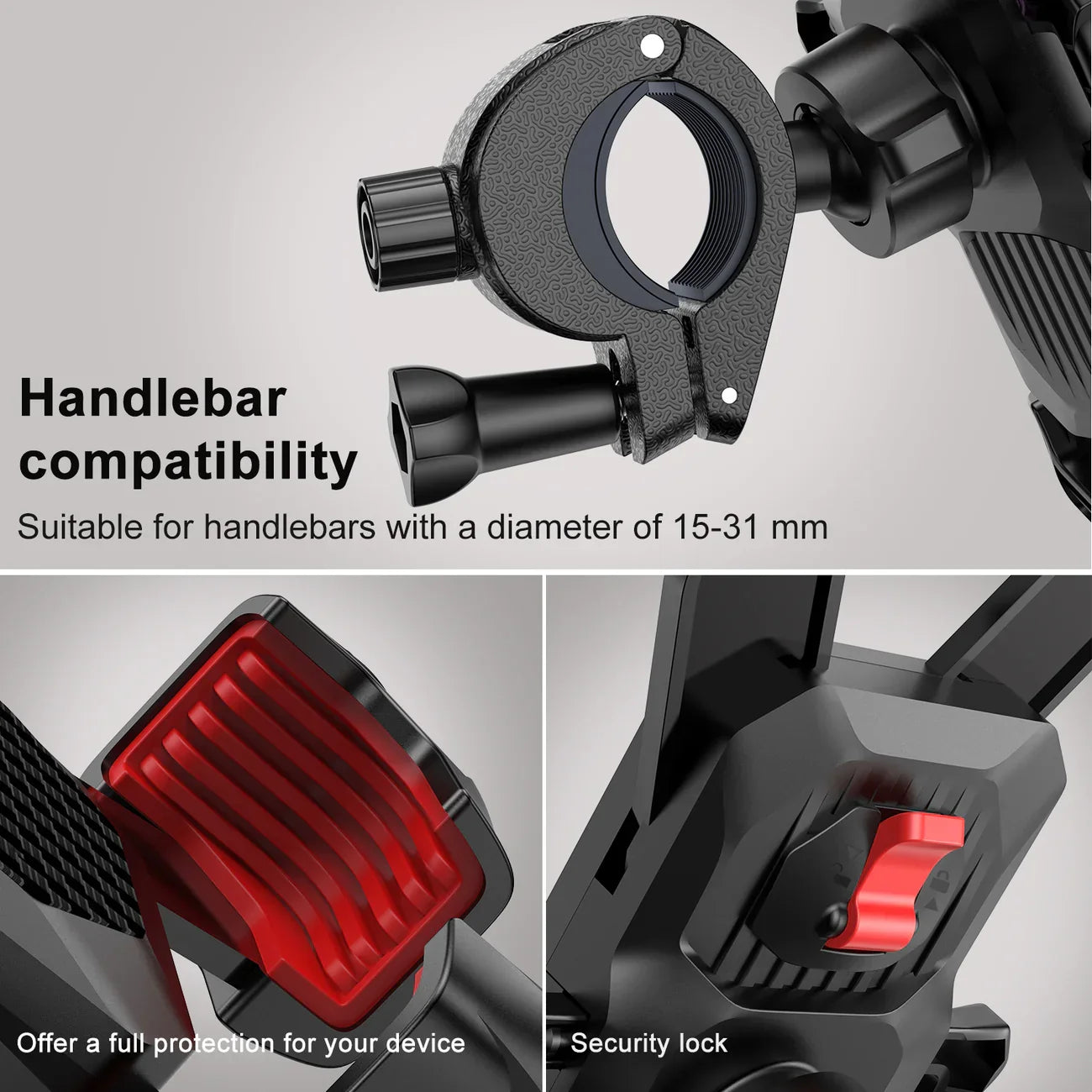 Support téléphone vélo compatible guidon 15-31mm, protection intégrale et verrouillage sécurité