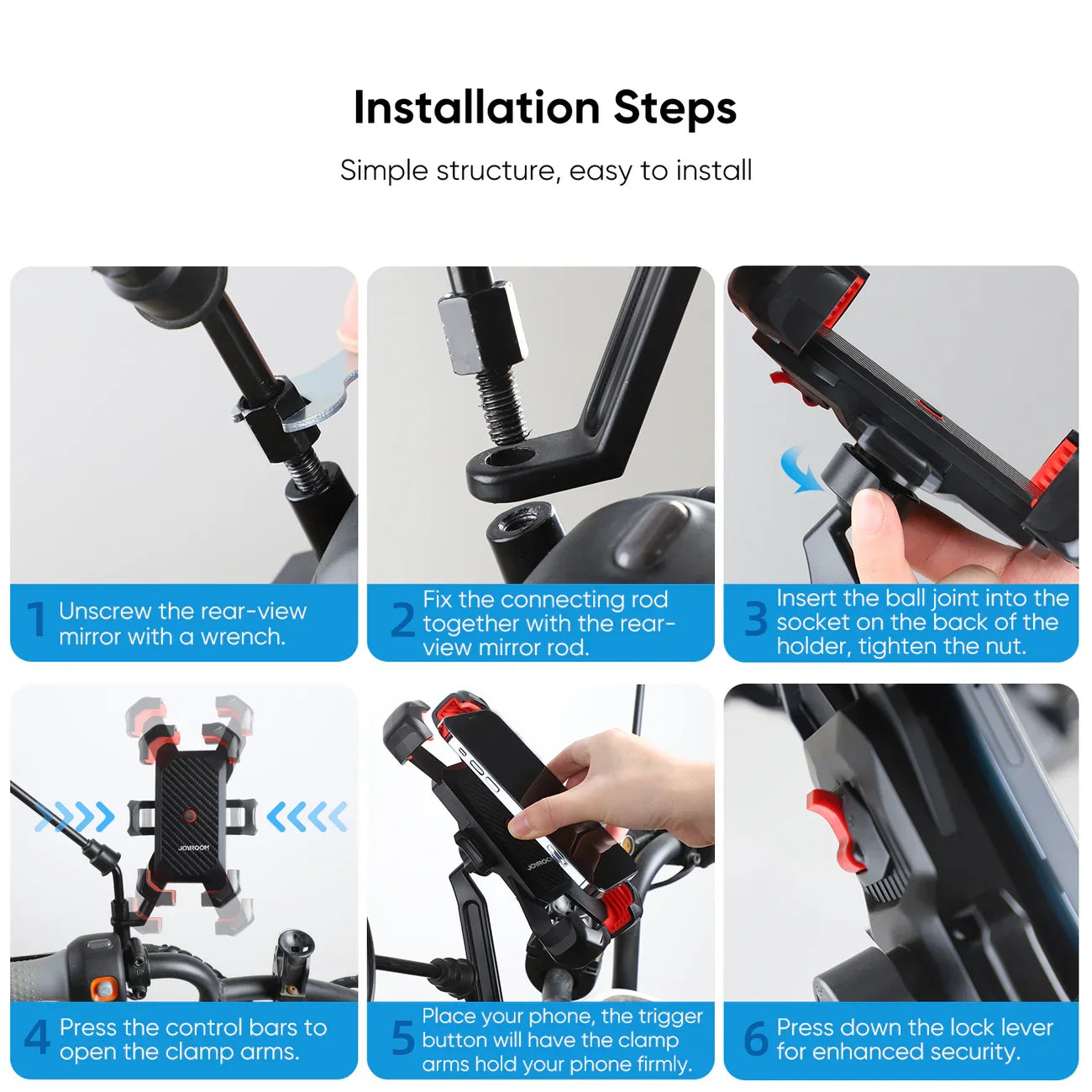 Support téléphone vélo facile à installer, montage sur rétroviseur, fixation sécurisée pour smartphone