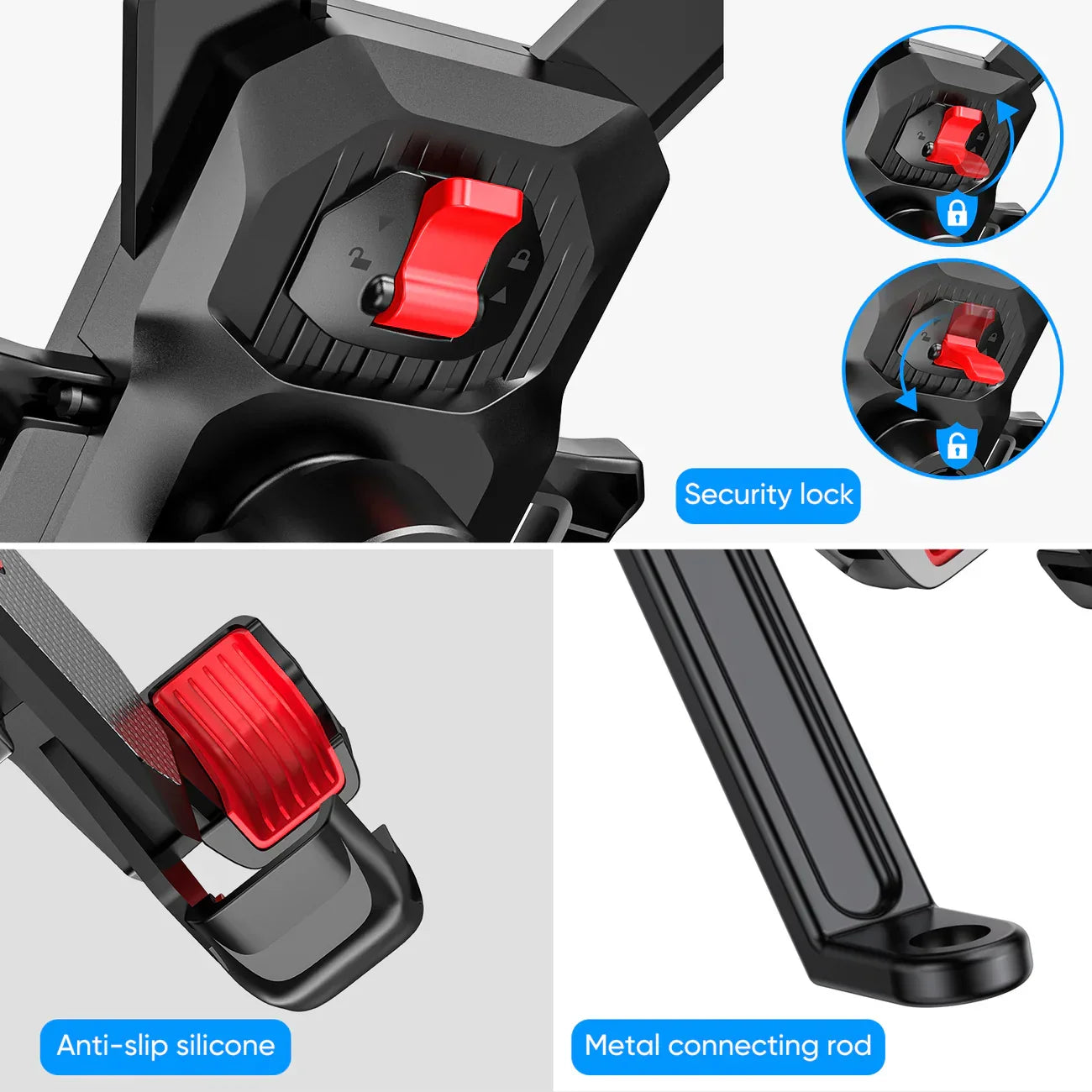 Support téléphone voiture avec verrouillage sécurité, silicone antidérapant et tige métallique