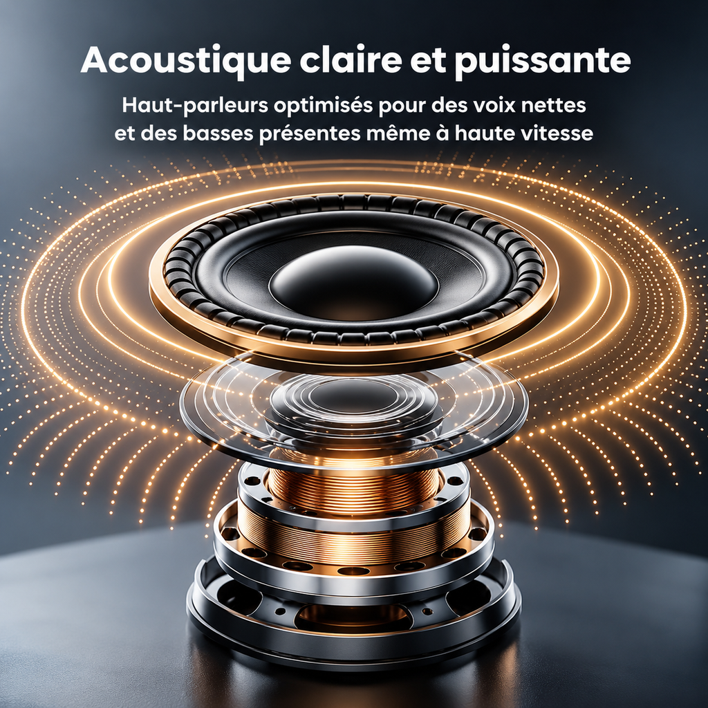 Haut-parleur du kit Bluetooth moto en vue éclatée : son clair et basses présentes, même à haute vitesse