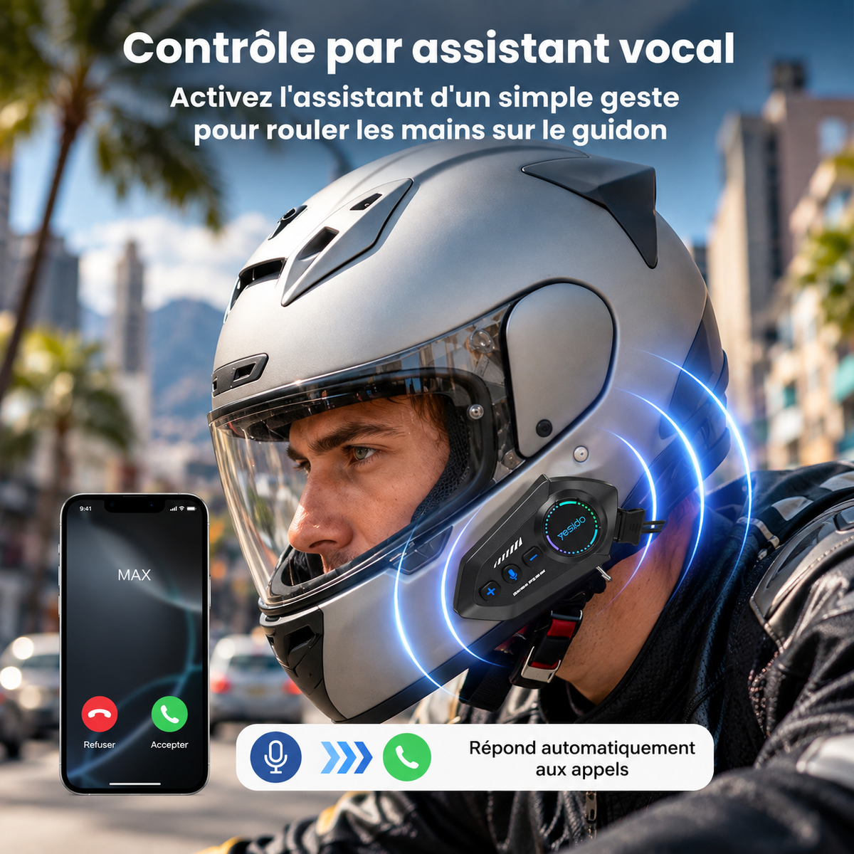 Motard avec le kit Bluetooth sur son casque : contrôle par assistant vocal et réponse automatique aux appels