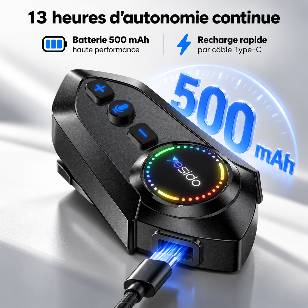 Kit Bluetooth moto en charge par câble Type-C : batterie 500 mAh, jusqu'à 13 heures d'autonomie
